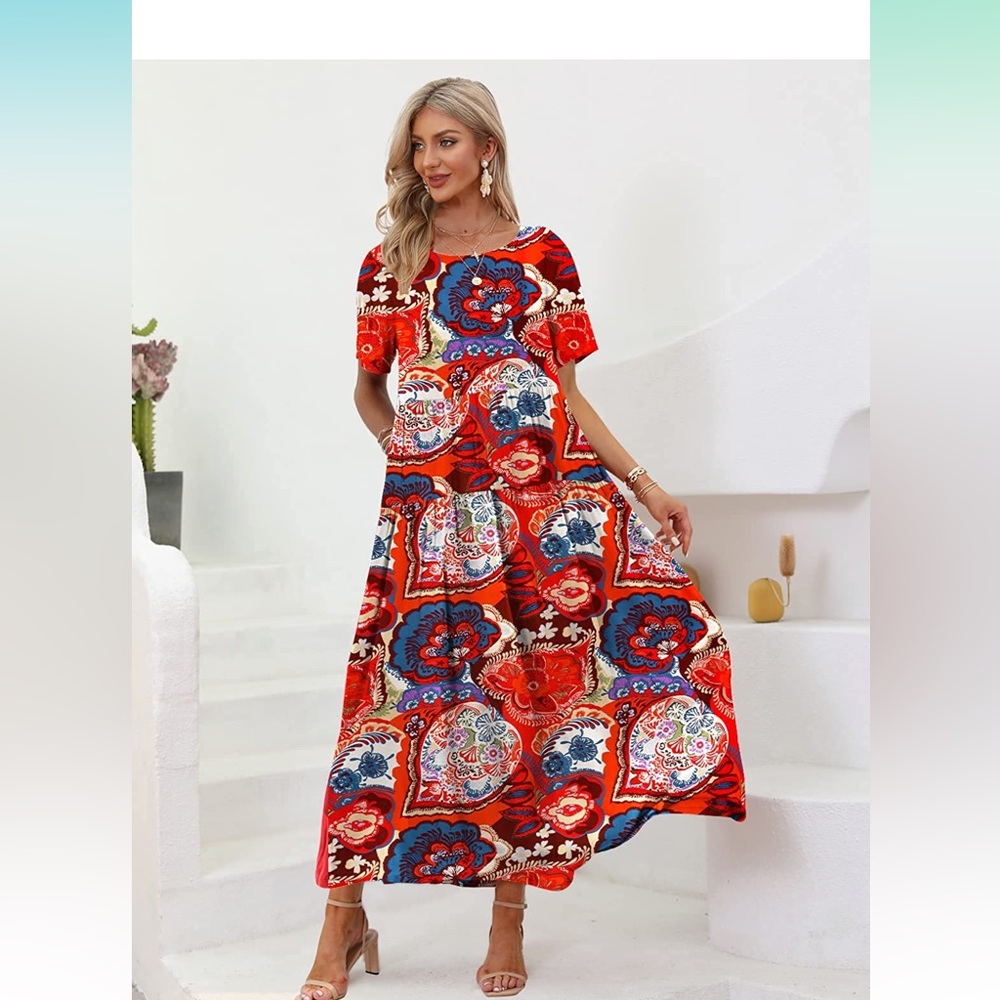 Red Floral Maxi Dress with Short Sleeves